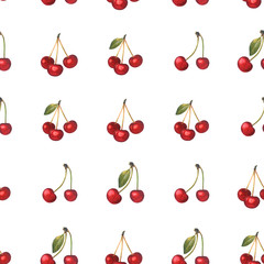 Seamless pattern with red cherries isolated on white.