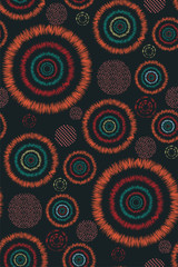 Geometric abstract pattern with red, orange and green circles and dots in ethnic style on a dark background. Hand vector illustration. Beautiful print for fabric design, interior, wrapping paper.