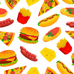 Seamless pattern of bright colored sandwiches, pizzas, sandwiches, french fries, sausages.