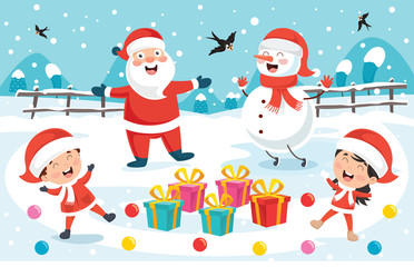 Christmas Greeting Card Design With Cartoon Characters