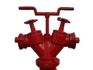 Fire hydrant column in red. On two sleeves. Twist handle. Isolated.