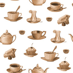 Cute seamless pattern from tea ware and desserts on a white background