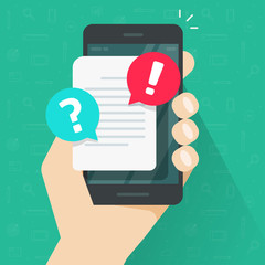 Document with alert or error notification bubble on mobile phone or cellphone vector, flat cartoon paper text file content with exclamation message or comment symbol, caution warning attention mark