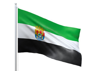 Extremadura (autonomous community in Spain) flag waving on white background, close up, isolated. 3D render