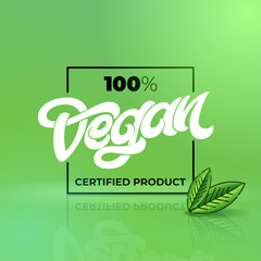 Hand drawn lettering 100 VEGAN CERTIFIED PRODUCT with square frame. Handwritten lettering for restaurant, cafe menu. elements for labels, logos, badges, stickers or icons. illustration.