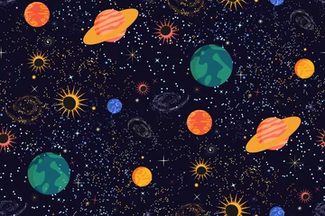 Tapeten Kinderzimmer Raumdruck. Nahtloses Vektormuster. Verschiedene farbige Planeten des Sonnensystems, Sterne und Galaxien auf dunklem Hintergrund. Universum, Weltraumschablone. Modernes flaches Design.