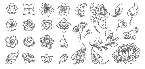 Flower and leaf line clip arts.