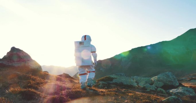 Astronaut looking for a new home, traveling on other planets to find a place for humanity