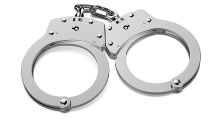 A chrome handcuffs with the shadow isolated on white background. 3d rendering illustration