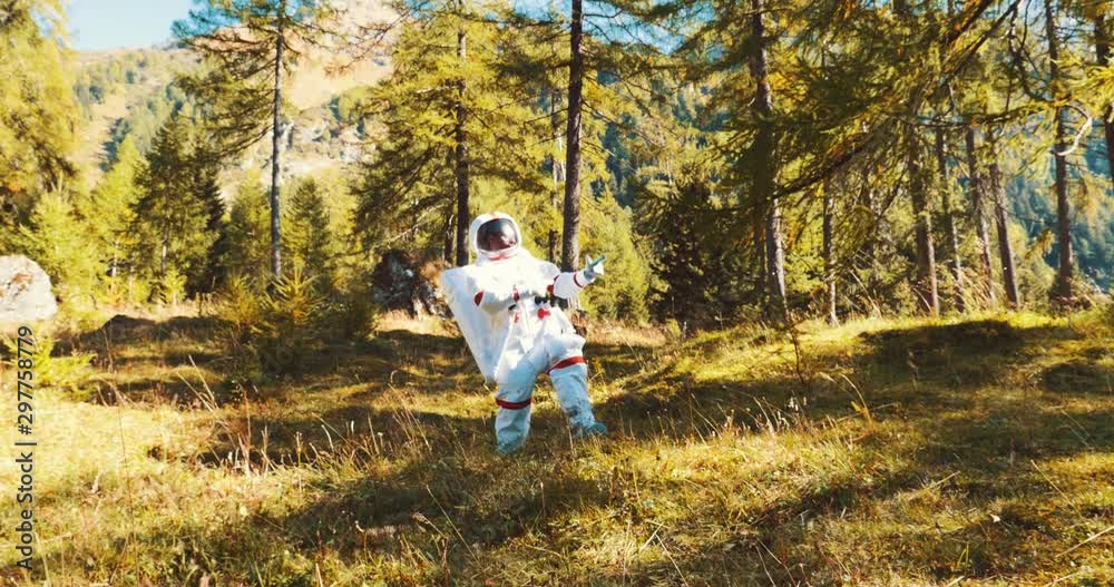 Wall mural astronaut has find a new planet similar to earth with nature and forests