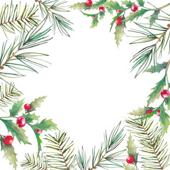 Fototapeta na wymiar Watercolor Christmas tree, holly berries border. Traditional evergreen frame