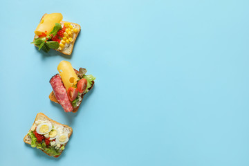 Tasty sandwiches on color background