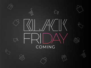 Black Friday Sale poster or banner design with shopping doodle elements decorated on black background.