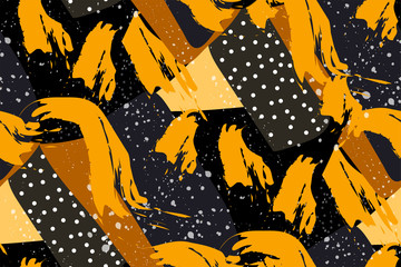 Seamless abstract pattern. Splashes and strokes of paint, geometric shapes of yellow, black and gray. Original unusual print, background, Wallpaper. Modern design in grunge style. Vector.
