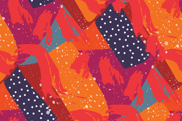 Vector abstract seamless pattern.  Brush strokes and triangles, squares. Hand drawn texture.