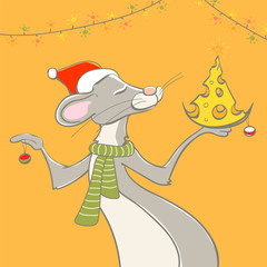 Christmas card with hand drawn funny mouse character dresses up a stylized cheese tree on a yellow background
