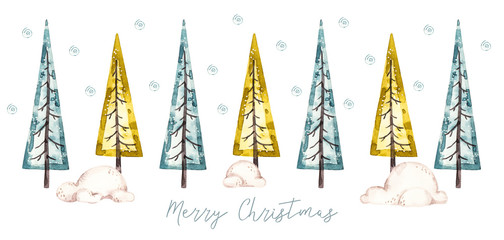 Watercolor christmas trees in naive cartoon style, greeting banner decoration. Merry christmas and happy new year aqarelle poster, nursery drawing