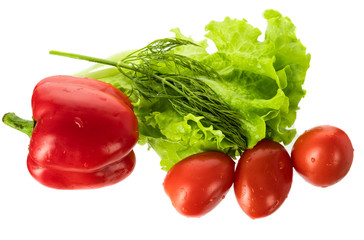 fresh vegetables with drops of water on a white background, poidor, cucumber, bell pepper, onion, greens