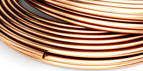 Copper metal pipes on white background. 3d Illustrations