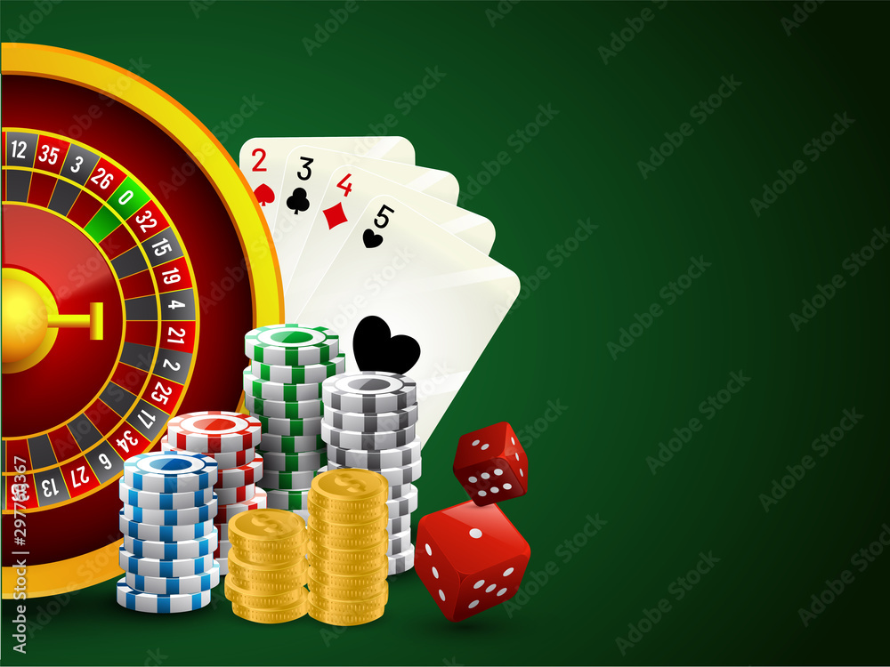 Canvas Prints realistic roulette wheel with poker chips, dice, playing card and coin stack on green background for