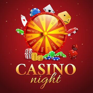 Casino Night poster or template design with roulette wheel, poker chips, dice, playing card and coin stack on red background.