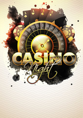 Casino Night template or flyer design with roulette wheel, playing cards, poker chip and black splash effect on white wavy pattern background.