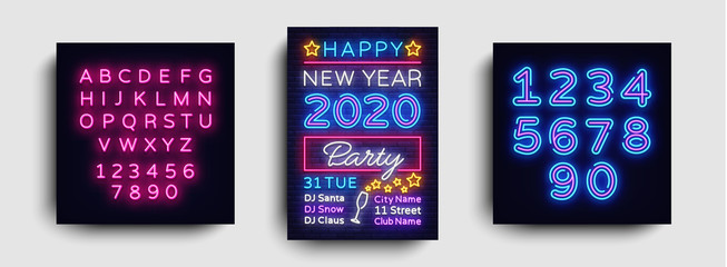 2020 Happy New Year Party Poster Neon Vector. 2020 New Year Design template for Seasonal Flyers and Greetings Card or Christmas themed invitations. Light Banner. Vector. Editing text neon sign