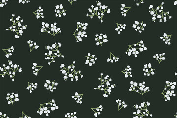 Little petal flowers on branches. Seamless background - Vector graphics. Vintage floral print on black.