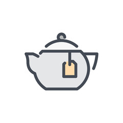 Tea pot with bag of tea color line icon. Porcelain tea pot vector outline colorful sign.