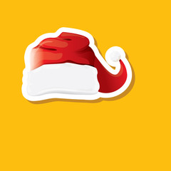 vector red funky Santa Claus hat sticker icon or label isolated on orange background. merry christmas design element for banners and geeting cards