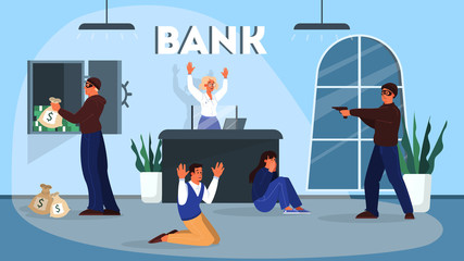 Cartoon style illustration of a bank robbery.