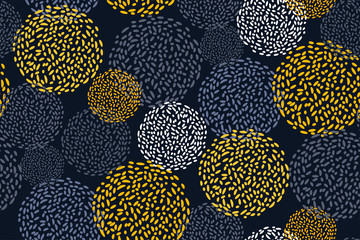 Motif géométrique abstrait avec des cercles en jaune, gris et blanc sur fond sombre. Impression universelle moderne. Illustration vectorielle
