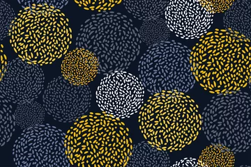  Abstract geometrisch patroon met cirkels in geel, grijs en wit op een donkere achtergrond. Moderne universele print. vector illustratie © Diana  Sityaeva 