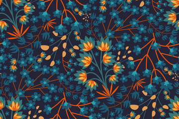 Trendy Floral pattern in the many kind of flowers. Seamless vector texture. Tropical botanical Motifs scattered random. Printing with in hand drawn style on dark background.