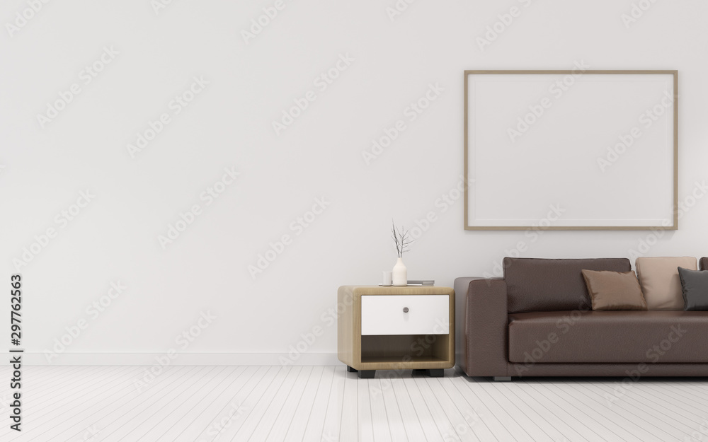 Aufkleber view of living room space with sofa set and blank picture frame on white wall. perspective of minima