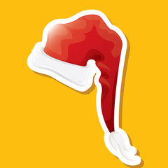 vector red funky Santa Claus hat sticker icon or label isolated on orange background. merry christmas design element for banners and geeting cards