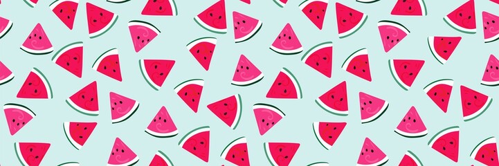 Watermelon pattern vector. Seamless fruit background, summer print. Bright pink watermelon slices on a light pastel blue background. Modern trendy design. - obrazy, fototapety, plakaty