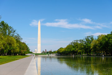 View of Washington Monument and Capitol Building and thire reflection in reflecting pool in the afternoon, Washington DC Skyline