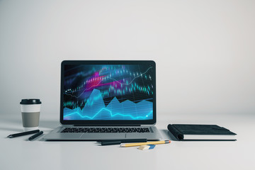 Laptop closeup with forex graph on computer screen. Financial trading and education concept. 3d rendering.