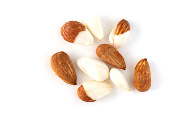 peeled young almonds on a white background, isolate, nut antioxidant