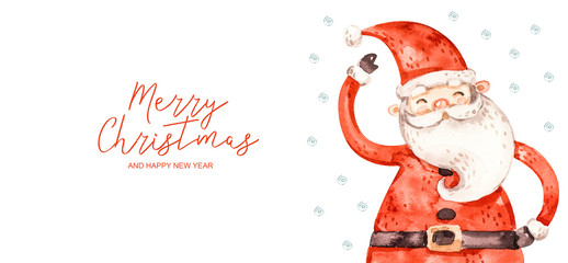 Merry christmas and happy new year watercolor banner. Naive aqarelle santa claus and swirl snowflakes, greeting banner isolated on white background