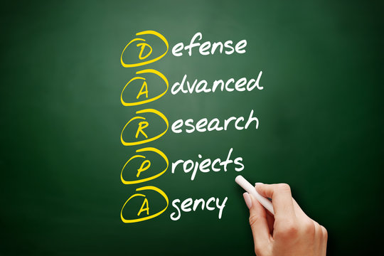 DARPA - Defense Advanced Research Projects Agency acronym, concept on blackboard
