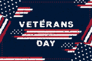 Happy Veterans Day. Greeting card with USA flag and soldiers on background with texture. National American holiday event. Flat vector illustration EPS10