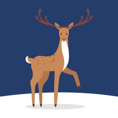 Christmas deer standing in the snow. Vector illustration in flat style