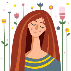 Cute young women dreaming. Romantic illustration in folk art style. Vector design concept for poster, scrapbook, postcard and other users. - 297764717
