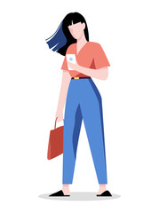 Woman with mobile phone. Female character holding smartphone.
