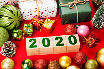 Christmas background with gift boxes,  Preparation for holidays. Top view with copy space.