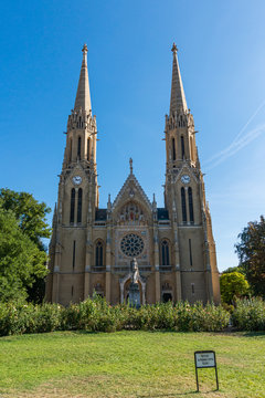 Budapest, Hungary - October 01, 2019: Church of St. Elizabeth of the House of Arpad. The impressive Neo-Gothic spires of this church rise to an impressive 76 metres. Designed by Imre Steindl in 1901.