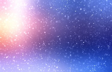 Obraz premium Winter sun shines brightly through light fluffy snow. Yellow pink flash on deep blue background. Christmas outdoor illustration. Holiday magic. 