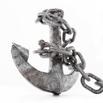 Rusty metal anchor and chain isolated on white background. 3D illustration
